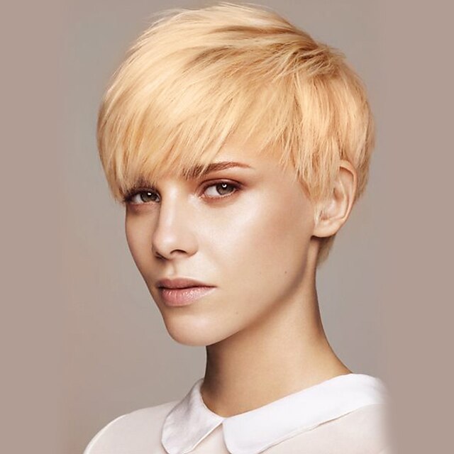  Human Hair Blend Wig Short Straight Pixie Cut Short Hairstyles 2020 With Bangs Straight Machine Made Women's Beige Blonde / Bleached Blonde