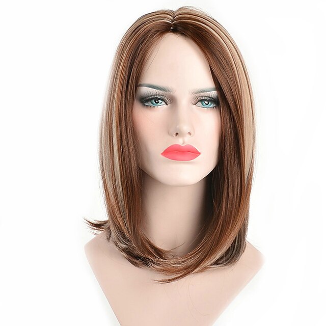  Perruque Synthétique Droit Droite Bob Coupe Carré Coupe Lutin Perruque Moyen Marron Cheveux Synthétiques Femme Ligne de Cheveux Naturelle Marron