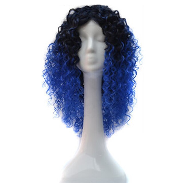  Synthetic Wig Curly Minaj Asymmetrical Wig Medium Length Blue Synthetic Hair Women's Natural Hairline African American Wig Black Blue