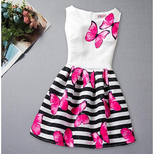  Kids Little Girls' Dress Butterfly Striped Daily Print Blue Blushing Pink Sleeveless Dresses Regular Fit