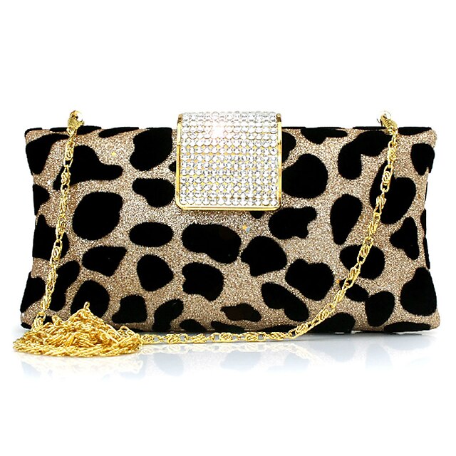  Women's Leopard / Rhinestone / Chain Suede Evening Bag Gold