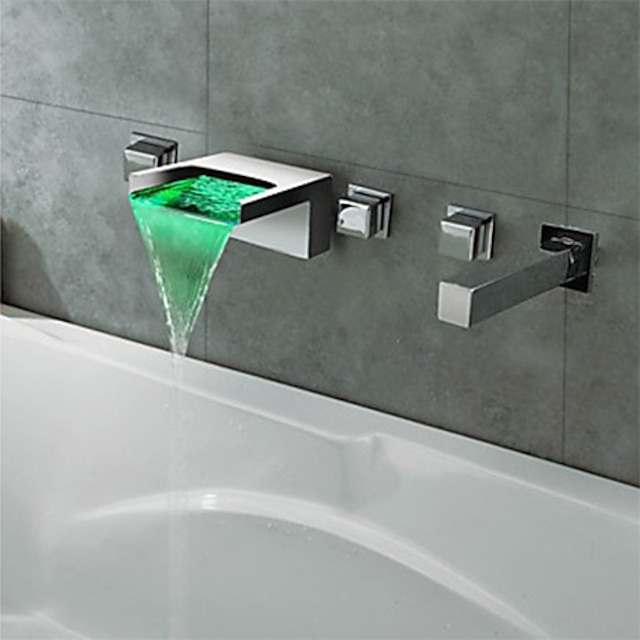  Wall Mounted LED Bathtub Faucet 3 Color temperature, Tub Facuet Waterfall Spout Brass Valve Bath Shower Mixer Taps 3 Handles 5 Holes Bath Tap Chrome