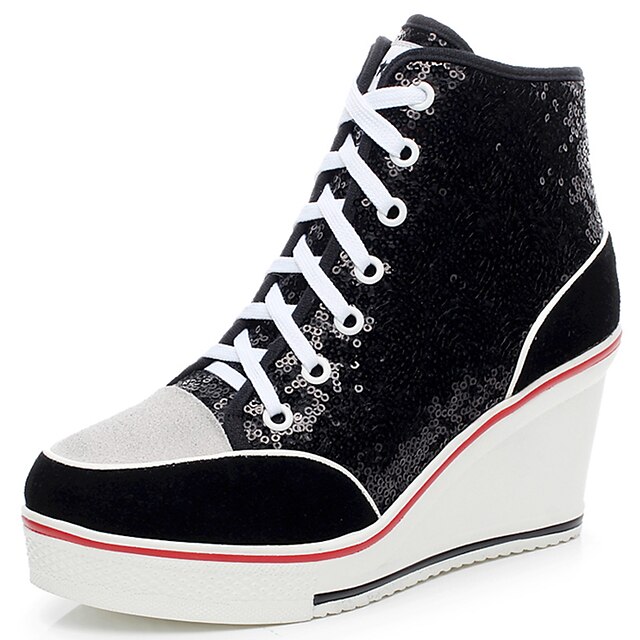  Women's Sneakers Fall / Winter Platform / Wedge Heel Round Toe / Closed Toe Fashion Boots Outdoor Sequin / Lace-up Paillette / Suede Black / Pink / Silver
