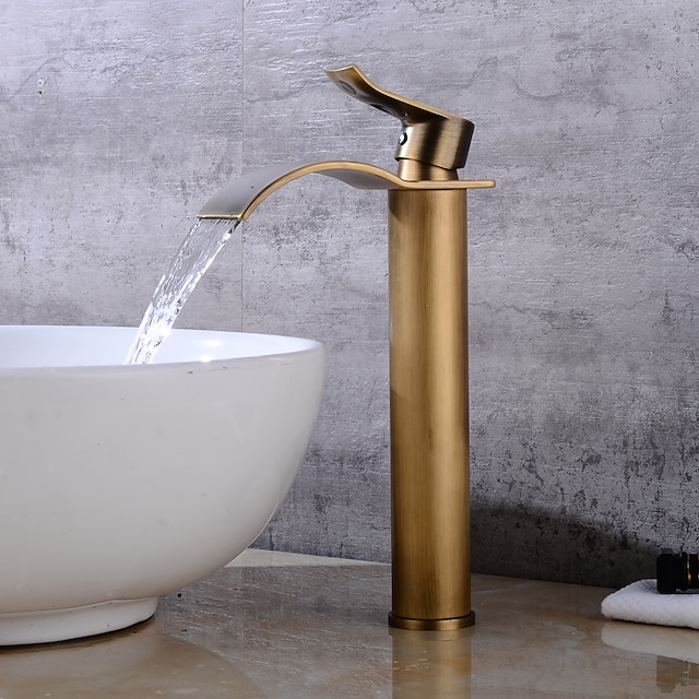  rubinetto del lavandino del bagno in rame antico, rubinetti da bagno monoforo a cascata dorata con interruttore acqua calda e fredda