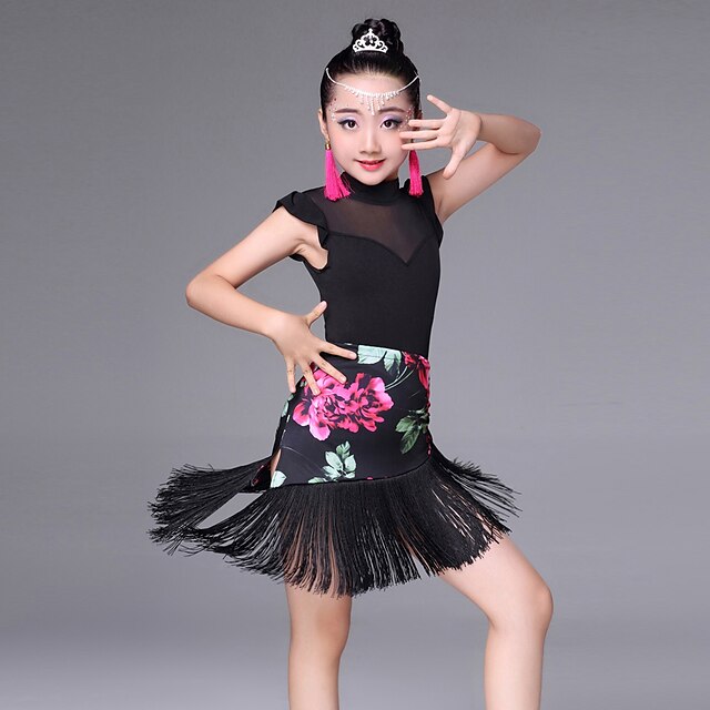  Latin Dance Skirts Tassel Pattern / Print Splicing Performance Sleeveless High Spandex Tulle Milk Fiber