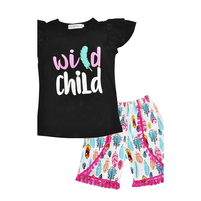  Toddler Girls' Clothing Set Short Sleeve Black Print Cotton Regular