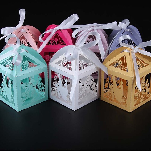  Round / Square / Cuboid Pearl Paper Favor Holder with Ribbons / Printing Favor Boxes - 50
