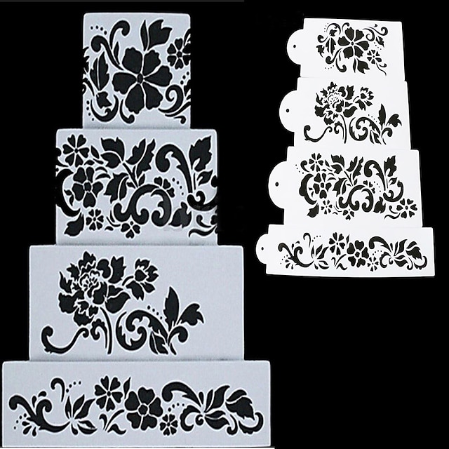  4pcs Flowers Fondant Decorating Cake Stencil Template Mold Baking Tools