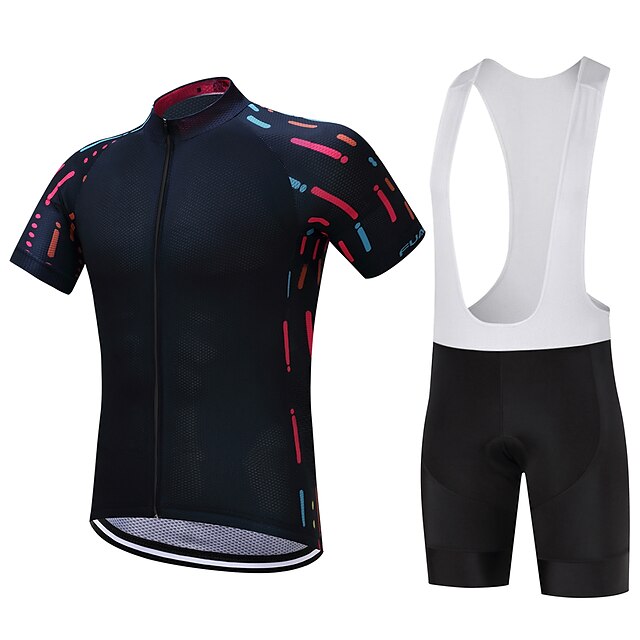  FUALRNY® Men's Short Sleeve Cycling Jersey with Bib Shorts Black Solid Color Bike Clothing Suit Quick Dry Reflective Strips Sweat-wicking Sports Polyester Coolmax® Silicon Solid Color Mountain Bike