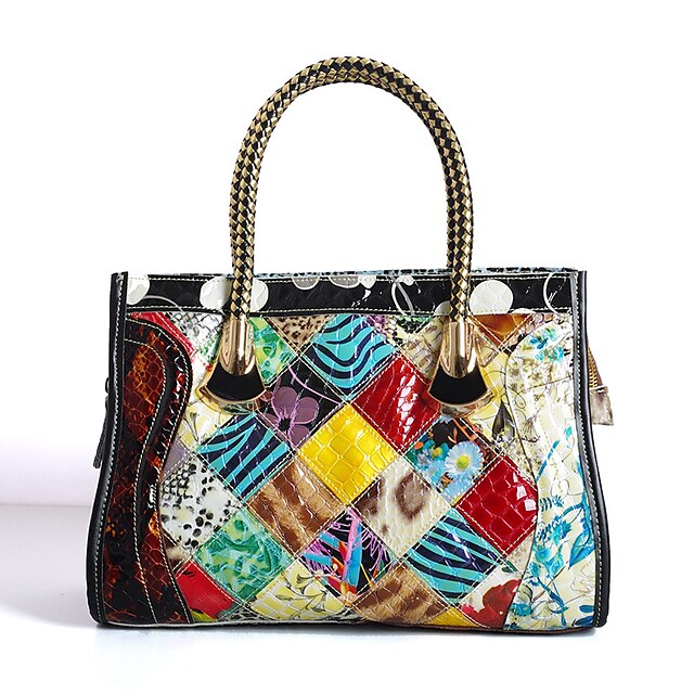  Women's Pattern / Print / Plaid / Split Joint Cowhide Tote Rainbow