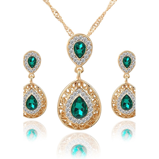  Women's Crystal Jewelry Set Pendant Necklace / Earrings Pear Cut Solitaire Two Stone Drop Ladies Luxury Dangling Elegant Fashion Euramerican Earrings Jewelry Red / Blue / Green For Party Wedding