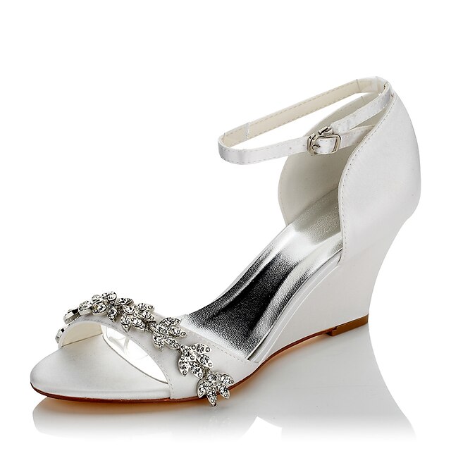  Women's Sandals Glitter Crystal Sequined Jeweled Ankle Strap Heels Wedding Sandals Bridal Shoes Crystal Chain Wedge Heel Open Toe Comfort Wedding Dress Party & Evening Satin Fall Summer White Ivory