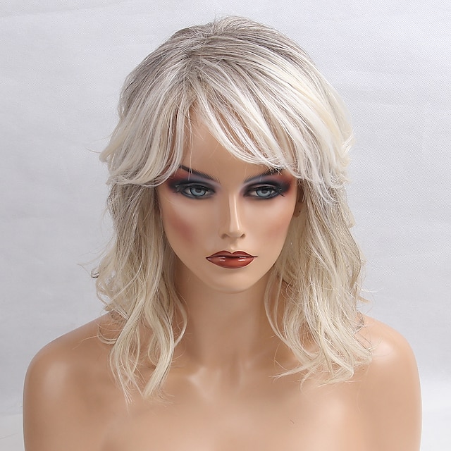  Human Hair Blend Wig Medium Length Deep Wave Short Hairstyles 2020 With Bangs Deep Wave Ombre Hair Side Part Machine Made Women's Black / Grey 14 inch