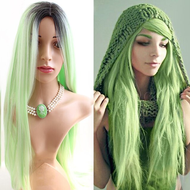  Synteettiset peruukit Suora Suora Peruukki Pitkä Vihreä Synteettiset hiukset Naisten Tummat juuret Luonnollinen hiusviiva Vihreä