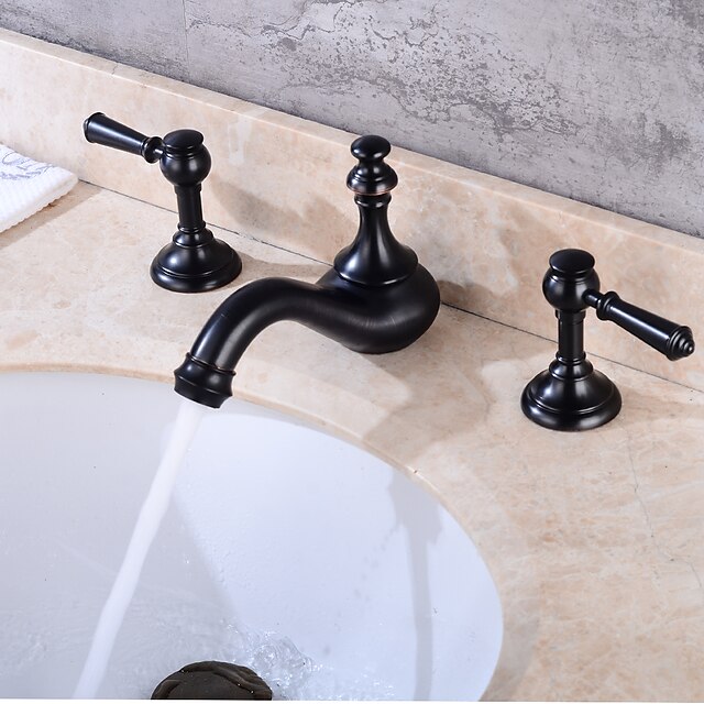  Kylpyhuone Sink hana - Laajallle ulottuva Öljytty pronssi Kolmiosainen Kaksi kahvaa kolme reikääBath Taps / Messinki