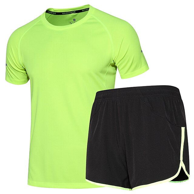  Men's Activewear Set Workout Outfits Running T-Shirt With Shorts Athletic Short Sleeve Quick Dry Moisture Wicking Gym Workout Exercise & Fitness Basketball Running Sportswear Clothing Suit Green