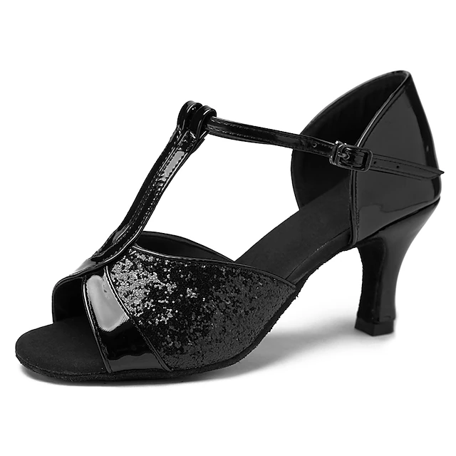 Women's Black Glitter T-Strap Dance Shoes with Soft Suede Sole – Comfortable Mid-Heel Open-Toe Ballroom Shoes for Latin Salsa 23