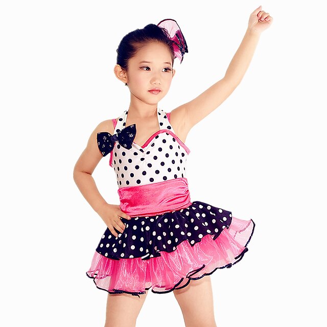  Kids' Dancewear Dress Bow(s) Ruffles Draping Performance Sleeveless Natural Elastic Woven Satin Spandex Organza / Cheerleader Costumes / Modern Dance / Jazz