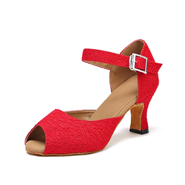  Mulheres Sapatos de Dança Latina Courino / Tecido Fivela Sandália / Salto Presilha Salto Personalizado Personalizável Sapatos de Dança Vermelho / Espetáculo