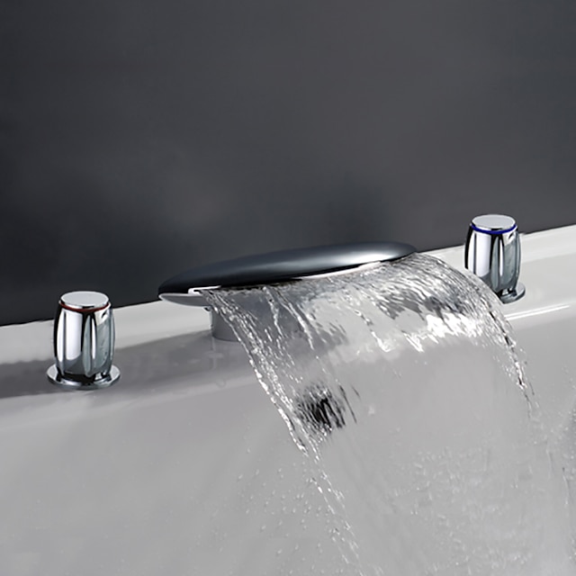  Fürdőszoba mosogató csaptelep - Vízesés / Széleskörű Króm Elterjedt Két fogantyú három lyukBath Taps / Bronz