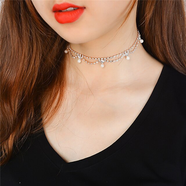  Women's Obsidian Choker Necklace Tassel Fringe Ladies Tassel Fashion Euramerican Imitation Pearl Copper Rhinestone Gold Silver Necklace Jewelry For Party / Evening Casual Daily Evening Party