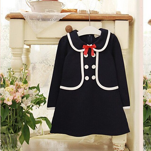  Toddler Girls' Bow Solid Colored 3/4 Length Sleeve Rabbit Fur Dress Navy Blue