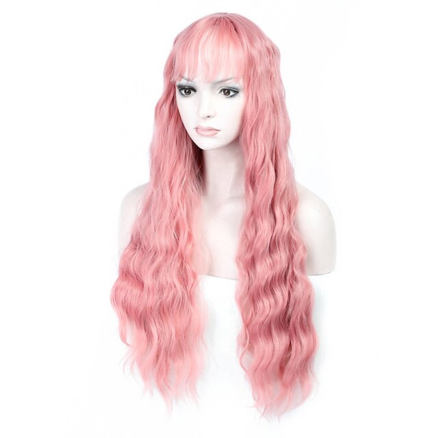  الاصطناعية الباروكات مموج مموج شعر مستعار الوردي طويل زهري شعر مستعار صناعي نسائي الوردي