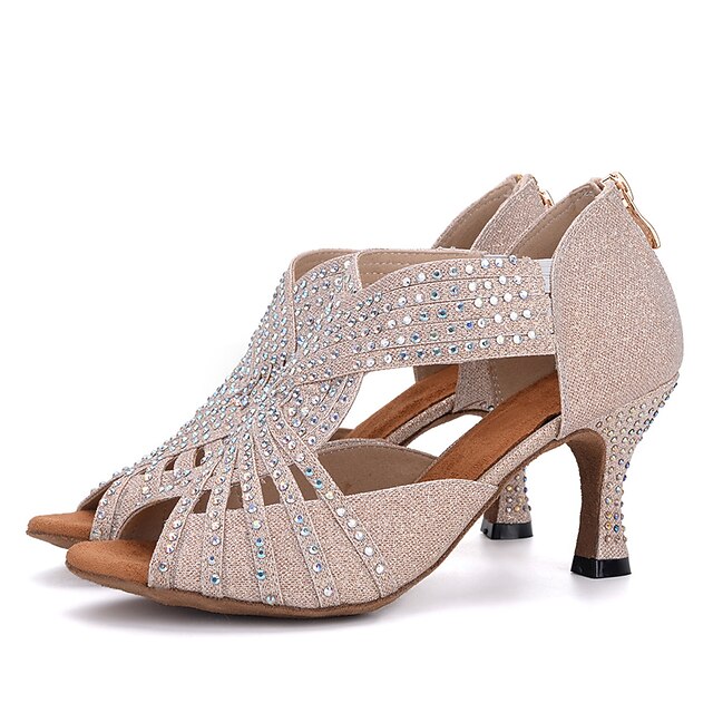 Dames Latin schoenen Prestatie Glitter kristal pailletten juwelen Sandalen  Hakken Strass Glitter Wijd uitlopende hak Rits Zwart / Wit Wit / zilver Roze  5988771 2023 – $46.99