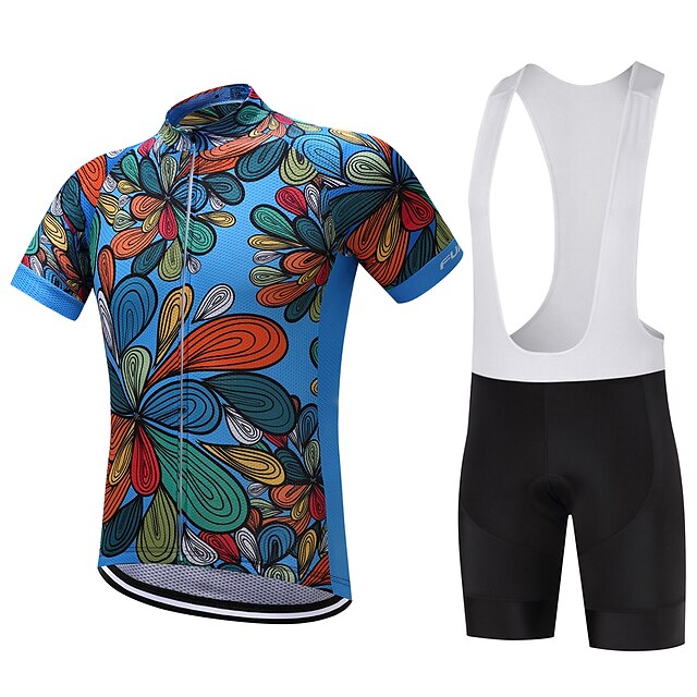  FUALRNY® Men's Short Sleeve Cycling Jersey with Bib Shorts Polyester Coolmax® Silicon Red Dark Blue Floral Botanical Bike Clothing Suit Quick Dry Reflective Strips Sweat-wicking Sports Floral