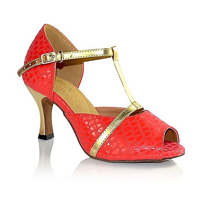  Women's Latin Shoes Faux Leather Buckle Sandal Criss-Cross Stiletto Heel Customizable Dance Shoes Black / Red / Performance