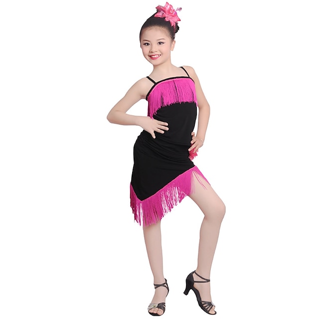  Latin Dance Dresses Performance Ice Silk Flower Tassel Sleeveless High Dress