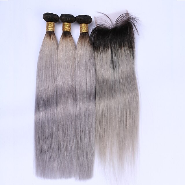  Hair Weaves Brazilian Hair Straight Human Hair Extensions Human Hair Hair Weft with Closure Ombre / Medium Length