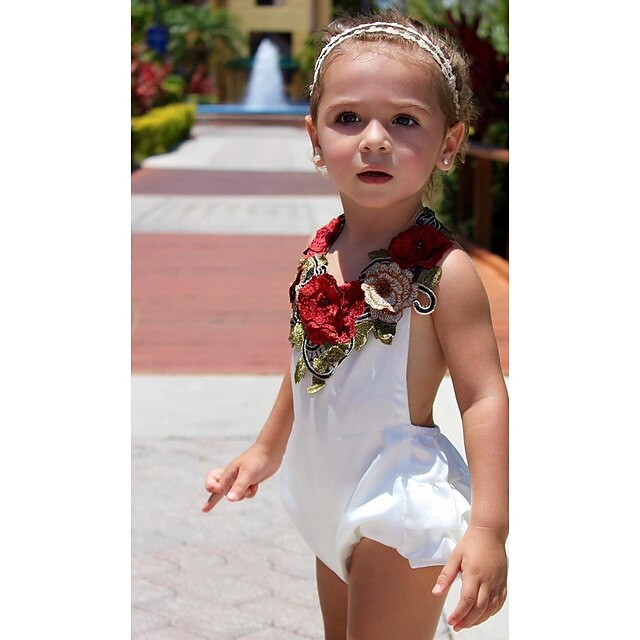  Baby Girls' Flower Sleeveless Polyester Overall & Jumpsuit White / Toddler