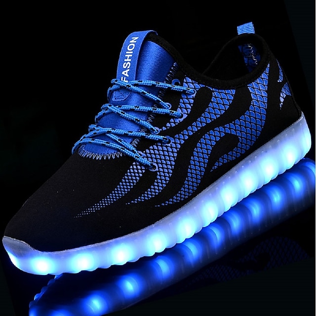  Dame Unisex Sportssko LED-sko Støvler uten kne utendørs Daglig Fargeblokk LED Lav hæl Rund Tå LED Lysende sko Gange Netting Tyll Snøring Svart / Hvit Blå og svart