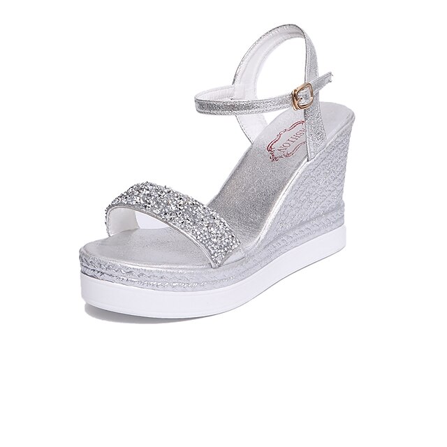  Damen Sandalen Keilabsätze Keilabsatz Offene Spitze Schnalle PU Komfort / Pumps Frühling / Sommer Gold / Silber / Party & Festivität / Party & Festivität