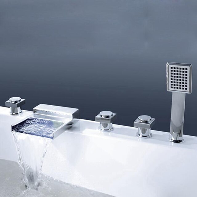 Robinet de baignoire - contemporain / Style moderne Chrome Diffusion large Soupape en laiton Bath Shower Mixer Taps / Laiton / Trois poignées cinq trous