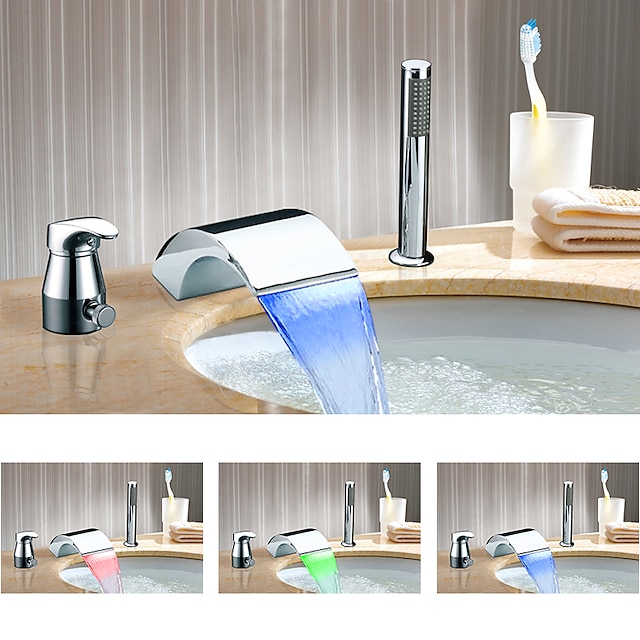  Смеситель для ванны - Меняет цвета Хром Римская ванна Керамический клапан Bath Shower Mixer Taps / Латунь / Одной ручкой три отверстия