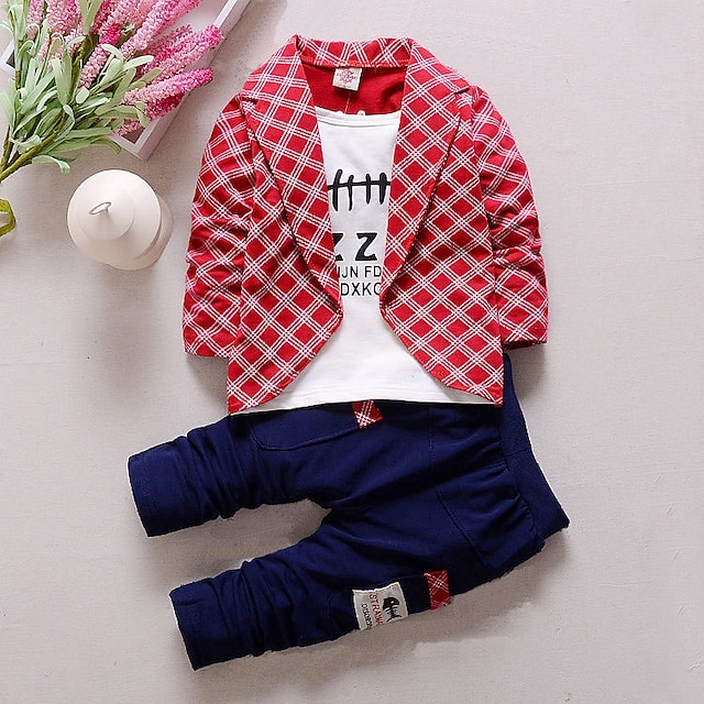  3 Pieces Toddler Boys Suit & Blazer Pants Set  Plaid Letter Print Long Sleeve  Cotton Fashion Cute Gray Yellow Light Green  Patchwork Set 1-5 Years