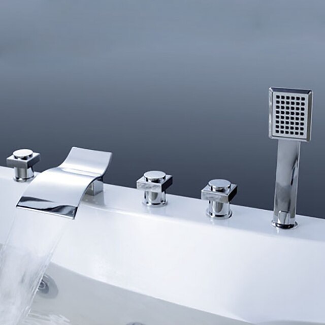  Badkarskran - Nutida Krom Romerskt badkar Mässing Ventil Bath Shower Mixer Taps / Tre Handtag Fem hål