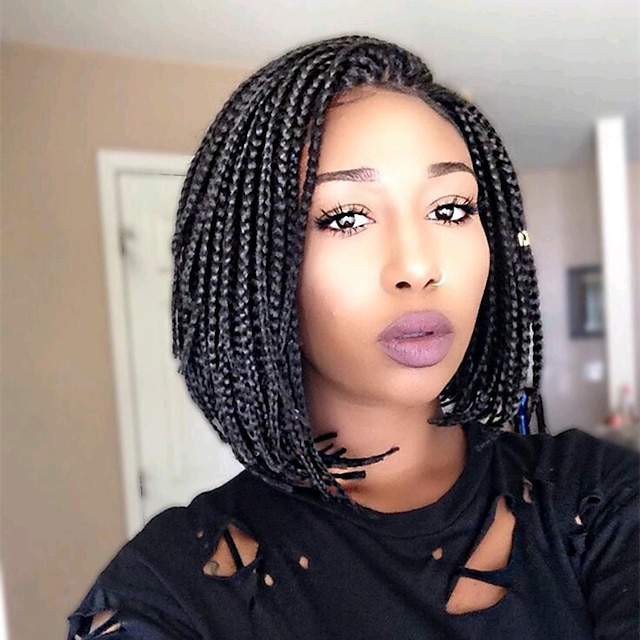  Synthetic Lace Front Wig Bob Lace Front Wig Short Medium Length Natural Black Synthetic Hair Middle Part Sew in Kanekalon Hair Braided Wig Black