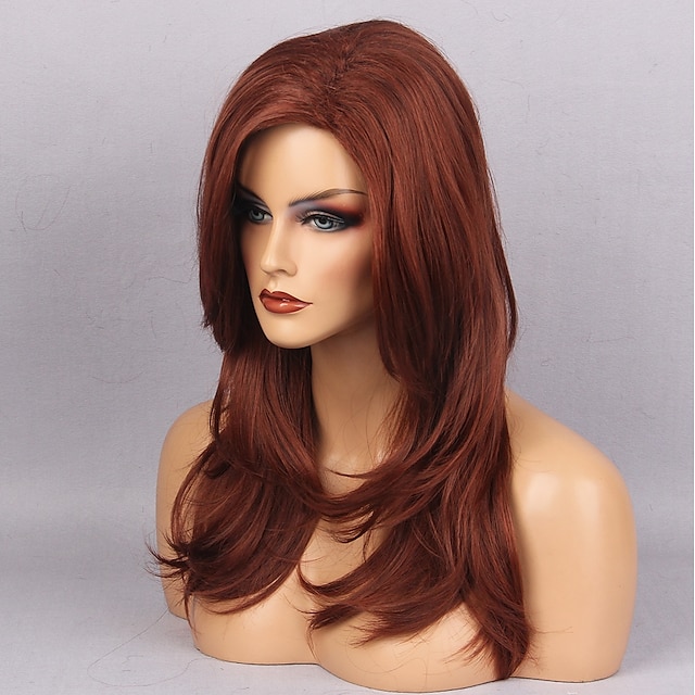  Synthetic Wig Wavy Natural Wave Natural Wave With Bangs Wig Long Dark Red Synthetic Hair Women's Red MAYSU