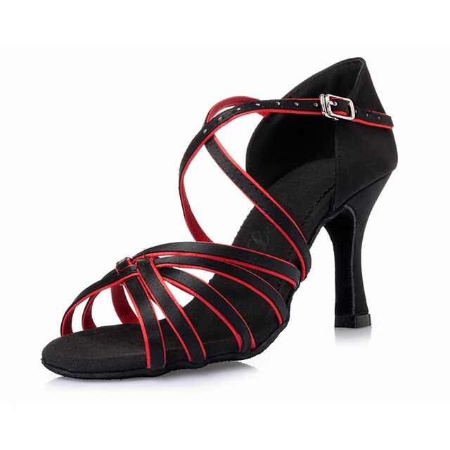  Women's Latin Shoes Silk Toggle Clasp Heel Ribbon Tie Stiletto Heel Dance Shoes Black / Red / Indoor / Leather