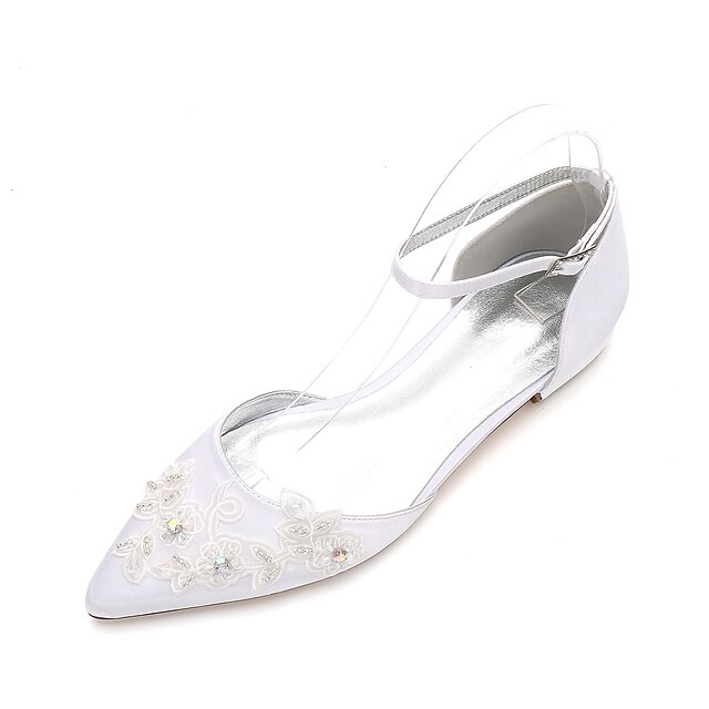  Női Esküvői cipők Lapos Erősített lábujj Gyöngydíszítés / Virág Szatén Kényelmes / Mary Jane / D'Orsay és kétrészes Tavasz / Nyár Fehér / Kristály / Party és Estélyi