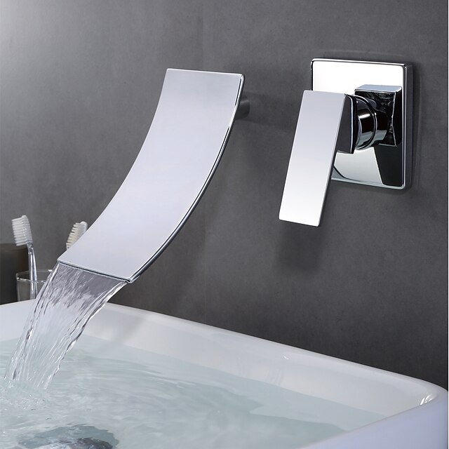  Bathroom Sink Faucet - Waterfall Chrome Wall Mounted Single Handle Two HolesBath Taps / Brass