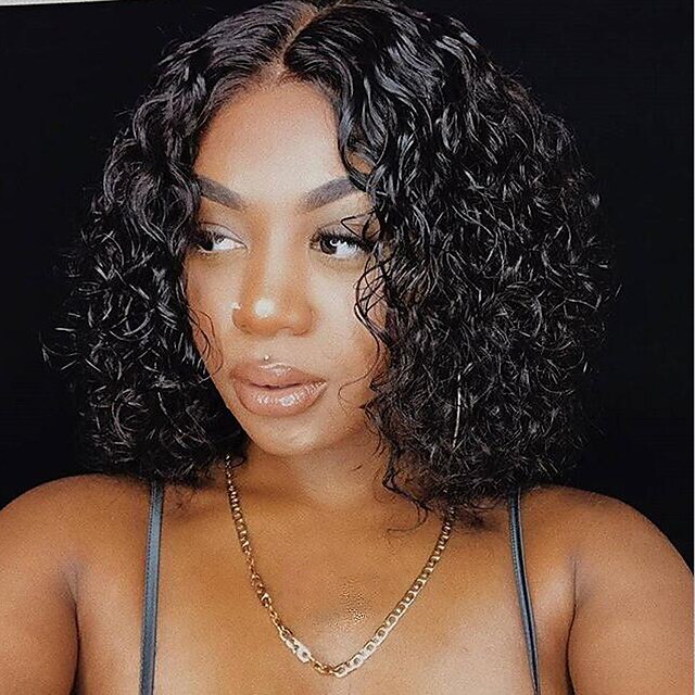  Perruque Cheveux Naturel Rémy Cheveux humains Naturels Non Traités Lace Frontale Sans Colle Lace Frontale Cheveux Brésiliens Bouclé Bob Coupe Carré Femme Densité 130% 150% 180% avec des cheveux de