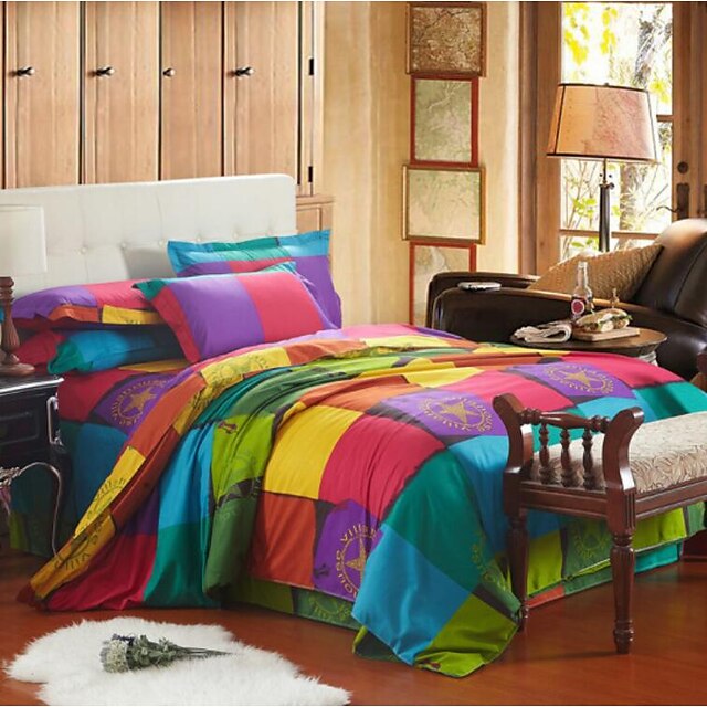  Plaid / Checkered Cotton Print 4 PieceBedding Sets / 4pcs (1 Duvet Cover, 1 Flat Sheet, 2 Shams)