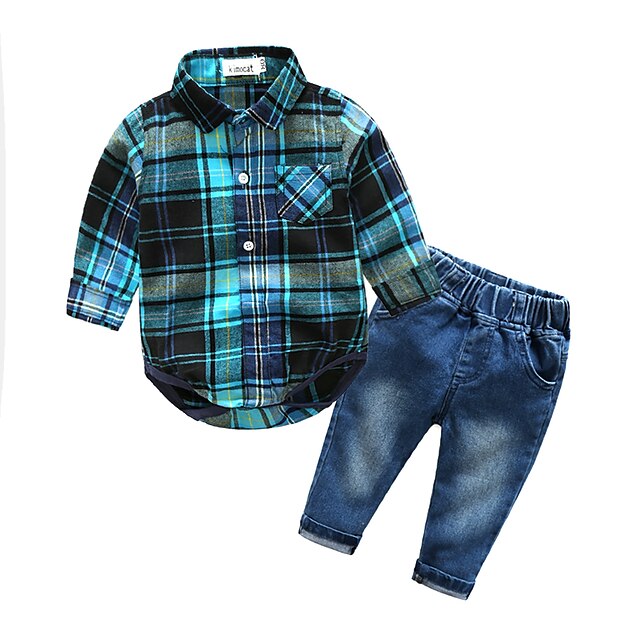  Toddler Boys' Check Plaid Long Sleeve Clothing Set Blue