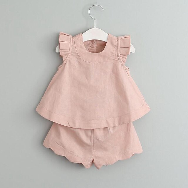  Toddler Girls' Clothing Set Sleeveless Blushing Pink Green White Solid Colored Ruffle Regular