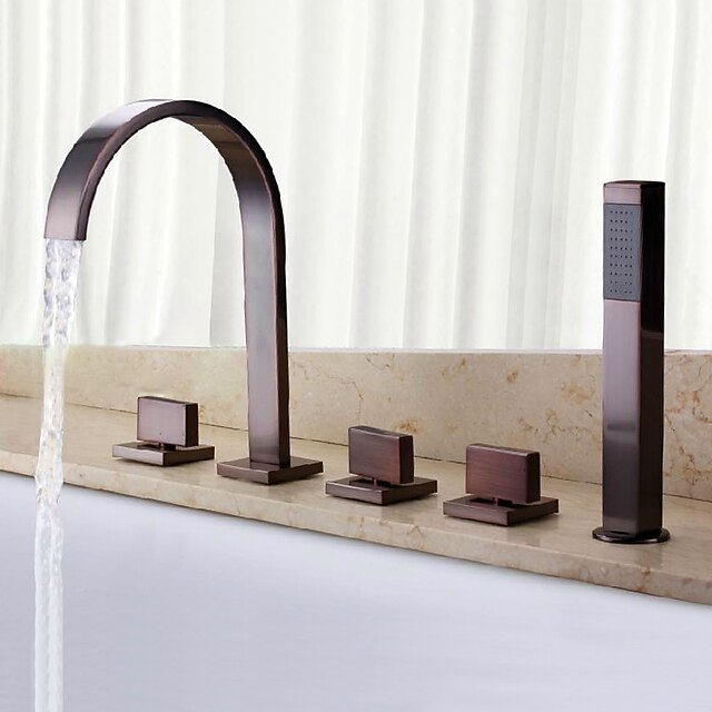  Bathtub Faucet - Antique / Classic Oil-rubbed Bronze Widespread Brass Valve Bath Shower Mixer Taps / Three Handles Five Holes