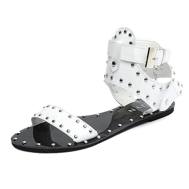  Women's Sandals Casual Summer Rivet Flat Heel Round Toe Slingback Walking PU Black White